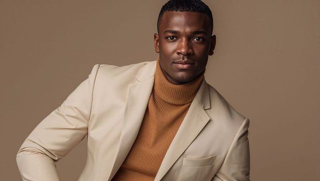Elegant Male Model in Beige Blazer and Brown Turtleneck