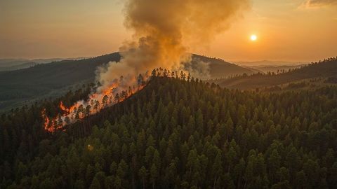 Breaking news: wildfire ravaging mountainous pine forest at sunset