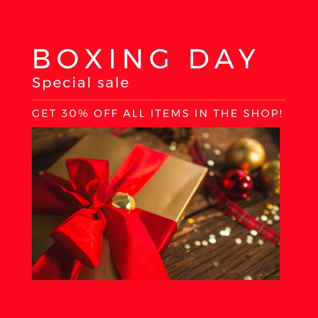 Composition of boxing day sales text over christmas present and decorations. Christmas, boxing day, sales, festivity, celebration and tradition concept digitally.