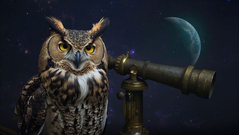 Horned owl perching beside vintage brass telescope under crescent planet and starfield