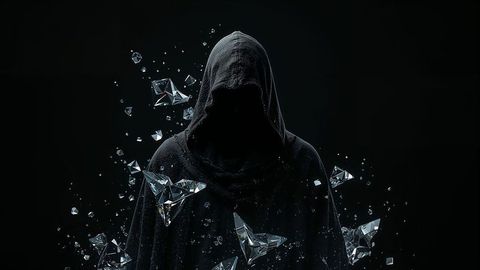 Hooded assassin figure with floating crystals in dark void