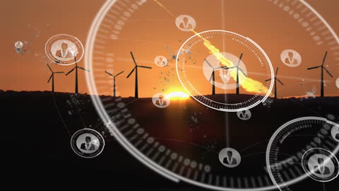 Global Networks with Wind Turbines during Sunset