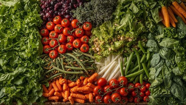 Overhead flatlay of vibrant fresh vegetables on woven market tray for healthy food content