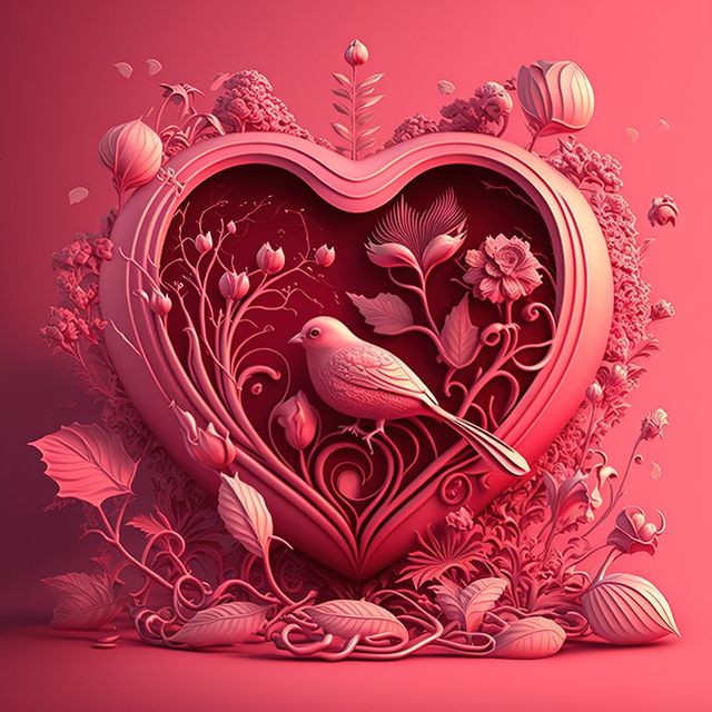 Composition of heart, bird and nature on pink background, created using generative ai technology. Valentines day and celebration concept digitally generated image.