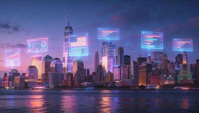 Metropolis skyline glowing with neon hud overlays and holographic data panels at dusk