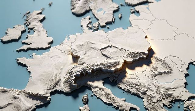 3d relief map of europe highlighting alps, pyrenees and apennines on tabletop diorama