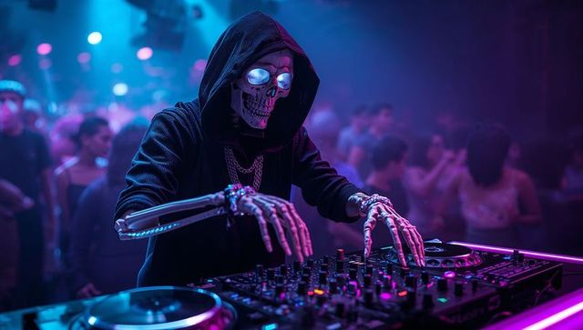 Futuristic masked dj mixing in neon club atmosphere