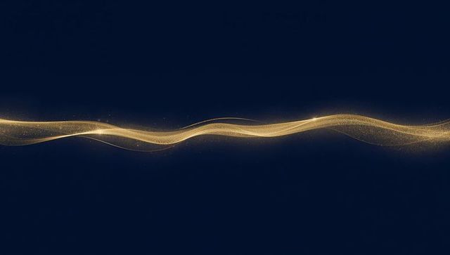 Glowing golden ribbon flowing across deep navy wave with sparkling particles - minimal luxury