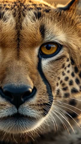 Gazing cheetah face centering on amber eye in vertical wildlife footage