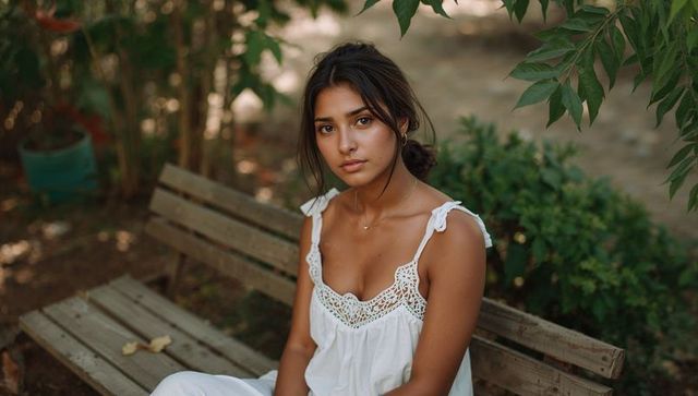 Woman sitting on wooden bench wearing white lace dress looking contemplative in garden