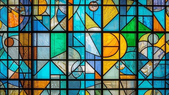 Vibrant stained glass window with geometric patterns