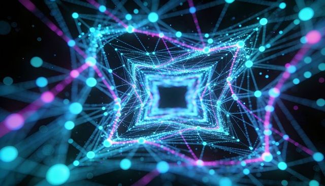 Neon star tunnel of connected nodes and wireframe lattice for futuristic network visuals