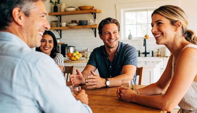 Friends enjoying relaxed conversation around wooden table in sunlit farmhouse kitchen