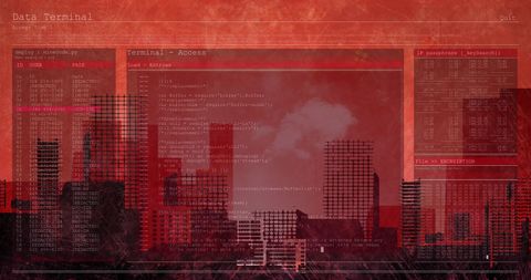 Red Digital Data Terminal Over Urban Cityscape - Download Free Stock Images Pikwizard.com