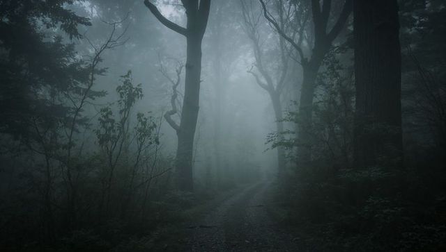 Misty woodland path: enigmatic forest in foggy atmosphere
