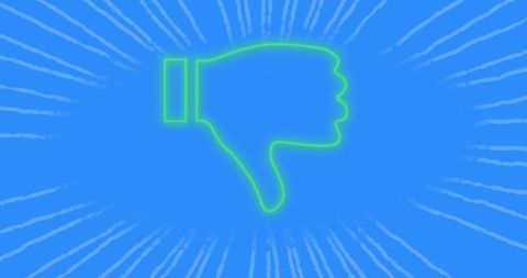 Neon thumbs down icon on radiant blue background