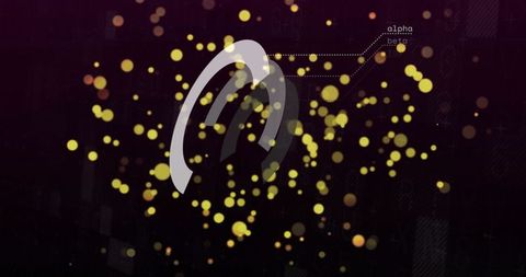 Neon particle logo reveal featuring floating translucent arcs, yellow bokeh and ui labels