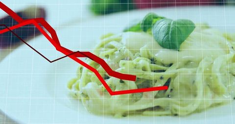 Plate of fettuccine with economic downturn chart overlay