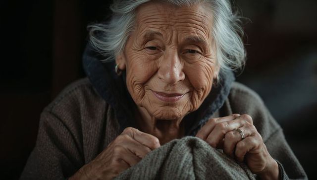 Elderly woman smiling while holding thick knitted blanket, cozy intimate senior portrait