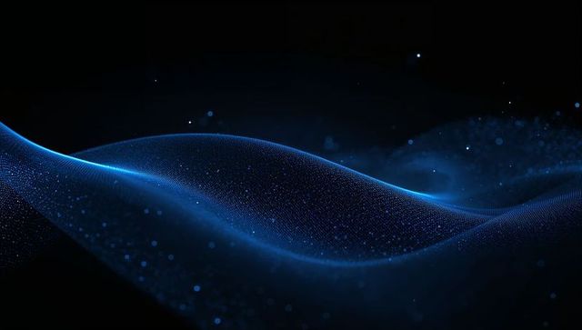 Undulating luminous blue particle wave flowing through dark void