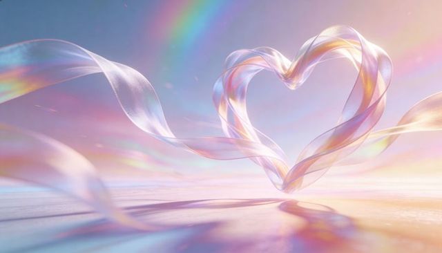 Iridescent ribbon heart floating in pastel dreamscape for romantic backgrounds