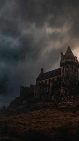 Storm Clouds Looming Over Medieval Castle on Wind-Swept Hillside Dramatic Vertical Video