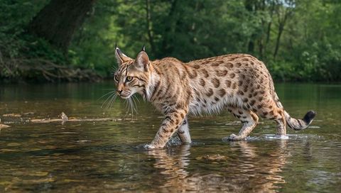 Spotted wild cat wading through shallow stream with forest reflections and ear tufts