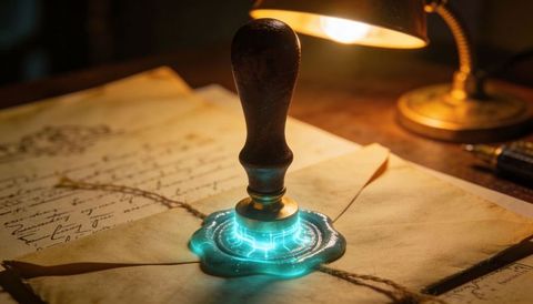 Pressing Antique Wax Seal into Glowing Cyan Emblem on Parchment beside Desk Lamp