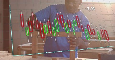 Craftsman building wooden blocks in workshop with candlestick stock chart overlay