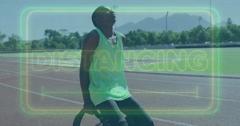 Young Athlete Relaxing on Track with Distancing Overlay
