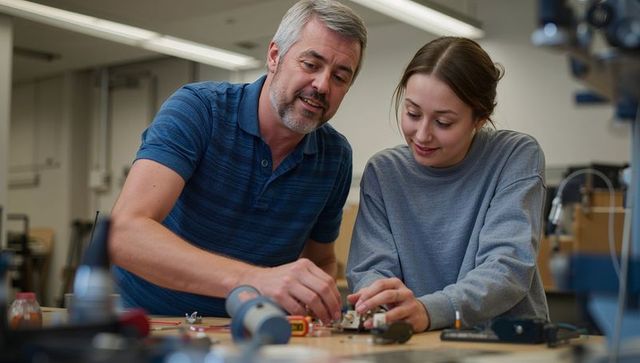 Engineer mentoring student soldering circuit boards in hands-on electronics makerspace