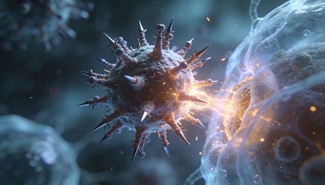 Spiky virion fusing with host cell membrane, glowing spike proteins at nanoscale