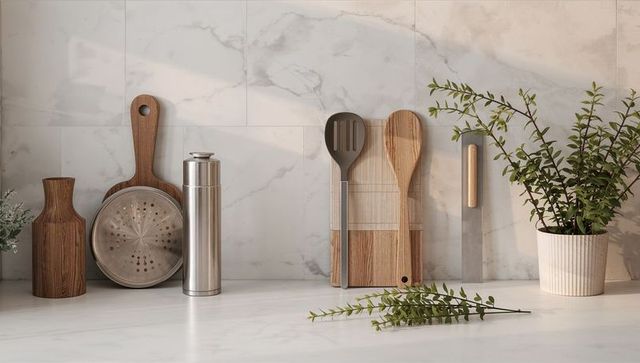 Minimalist marble kitchen with wooden cutting boards, metal utensils and green plant on countertop
