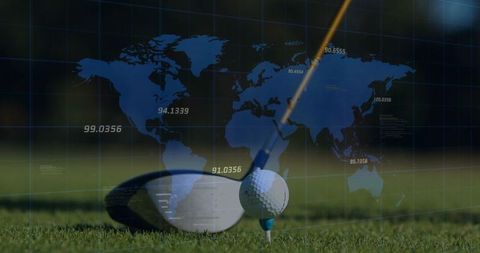 Golf Club Striking Ball with World Map and Data Overlay
