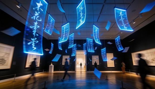 Floating blue neon calligraphy panels glowing above gallery with motion blur silhouettes