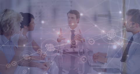 Professionals Collaborating with Digital Network Overlay