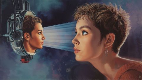 Woman gazing into projected twin face, surreal portrait exploring identity and technology