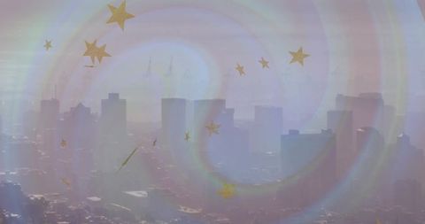 Ethereal City Skyline with Stars and Lens Flares