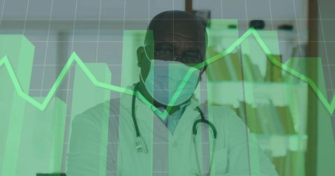 Standing senior doctor wearing surgical mask and stethoscope with green data chart overlay