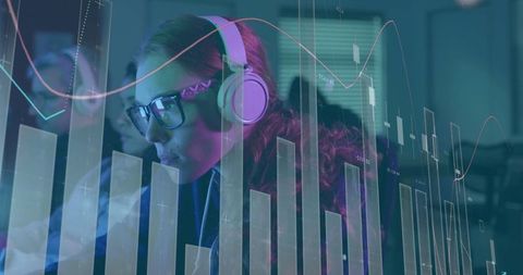 Innovative Data Analysis Woman with Headphones Focusing on Charts