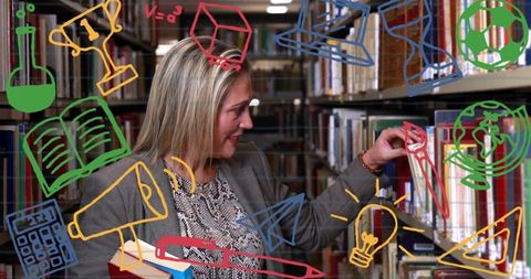 Librarian reaching for book between shelves with colorful education doodles and icons