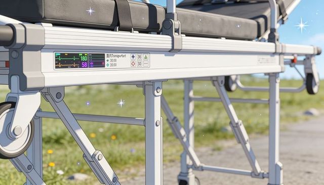 Wheeled medical stretcher on paved meadow path showing vital sign monitor and details