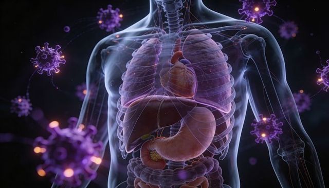 Transparent Torso Revealing Internal Organs with Floating Viral Particles, 3D Render