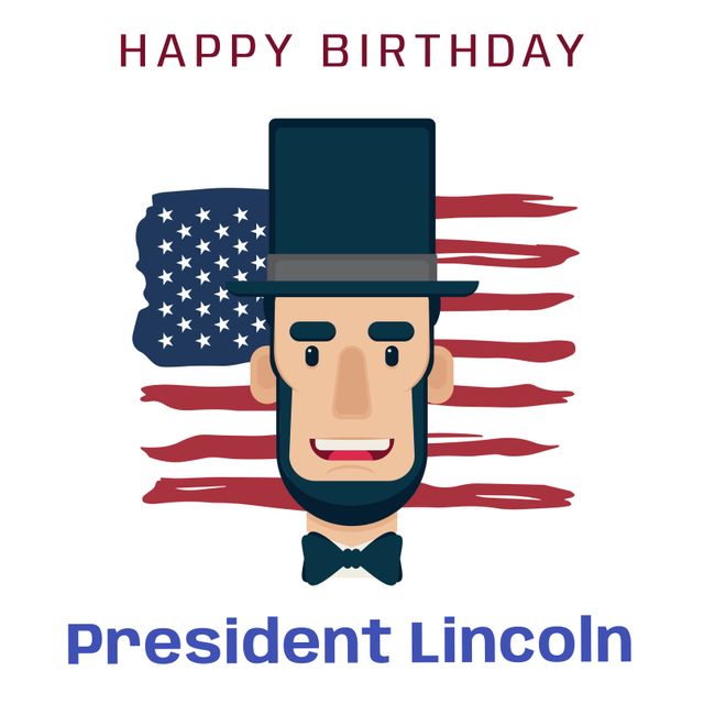 President Lincoln caricature with American flag background for educational materials, patriotic events, and history celebrations. Suitable for history courses, Independence Day, Presidents' Day, and school events.
