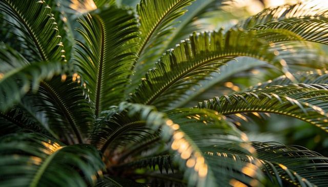 Sunlit sago palm fronds radiating from crown, glowing bokeh tropical foliage macro