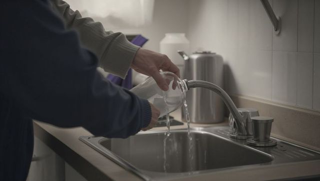 Pouring water from glass jar into kitchen sink faucet, hands working together at home
