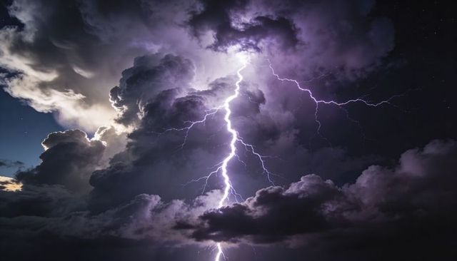 Striking lightning bolt illuminating dramatic cumulonimbus clouds at night, violet flash