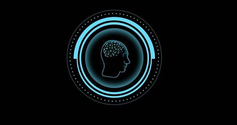 Cyan neural head silhouette with glowing network and futuristic circular interface