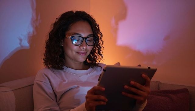 Young woman relaxing on couch using tablet at night with glowing glasses reflection
