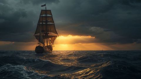 Majestic Sailing Ship Navigating Stormy Seas at Sunset